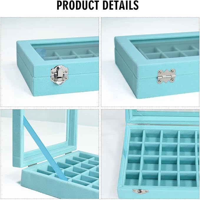 Vicoter Velvet Jewelry Box 24 Grid Jewelry Ring Display Organiser Box Tray Holder Earrings Storage Case for Girls Wife Mom Women (Light Blue)