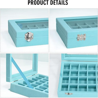 Vicoter Velvet Jewelry Box 24 Grid Jewelry Ring Display Organiser Box Tray Holder Earrings Storage Case for Girls Wife Mom Women (Light Blue)