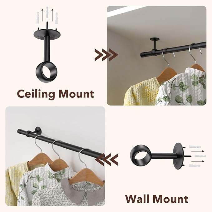 Closet Rod, Closet Rods for Hanging Clothes, 17 to 52 inch Adjustable Ceiling/Wall mounted Closet Hanging Rod, Heavy Duty Clothes Rod Clothing Bar, Closet Poles for Hanging Clothes for Wardrobe