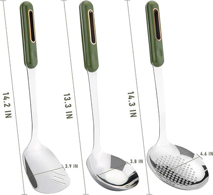 FJNATINH Wok Spatula and Ladle Skimmer Spoon - Stainless Steel Cooking Utensils Set of 3,Kitchen Wok Utensils Set,Green Handle