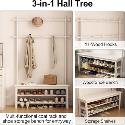 AQIMUELE Coat Rack with Shoe Storage, Wooden Hall Tree with Bench, 11 Hooks and 2-Tier Storage Shelves, 3-in-1, Entryway Bench with Coat Rack (39.3"-Deep White)
