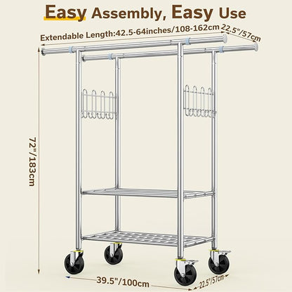 Heavy Duty Clothes Rack, 100% Stainless Steel Rolling Clothing Rack with 2 Tier Shelves, Double Rod Garment Racks for Hanging Clothing, Extendable Rolling Clothes Rack with Wheels (960LB)