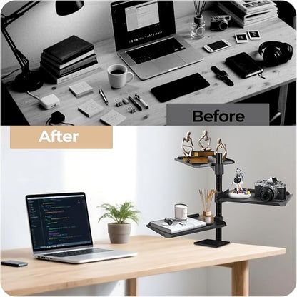 FAHKNS 3-Tier Clamp on Desk Shelf - Multifunctional Desk Clamp Shelf，Ergonomics Metal Desk Extension for Home/Office/Game Room，Tabletop Book Storage Rack，Desktop Thickness 0.4-2.2”