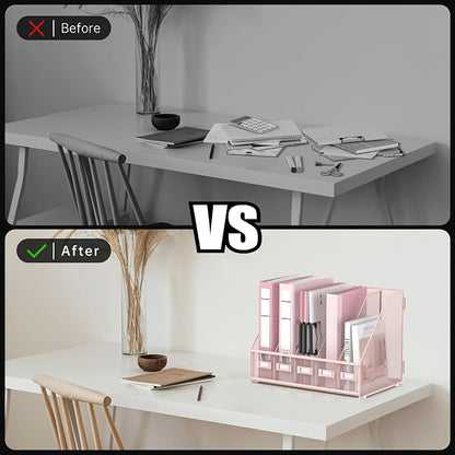DALTACK Desk Organizers Metal Magazine File Holder with 5 Vertical Compartments Folder Storage Binder Organizer for Office Home School Organization, Pink Plus