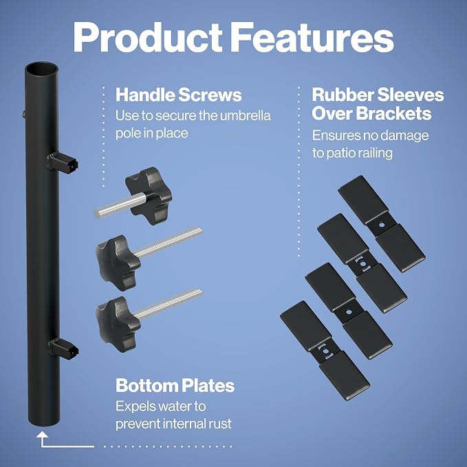 Patio Umbrella Holder – Easy Installation - Space Saving Umbrella Holder Design - Outdoor Umbrella Base and Mount - Attaches to Railing Maximizing Outdoor Patio Space and Shade, Black