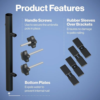 Patio Umbrella Holder – Easy Installation - Space Saving Umbrella Holder Design - Outdoor Umbrella Base and Mount - Attaches to Railing Maximizing Outdoor Patio Space and Shade, Black
