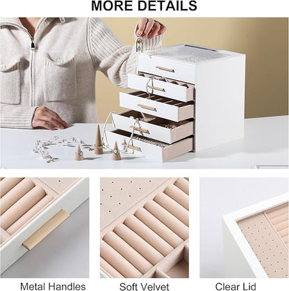 Frebeauty Clear Lid Jewelry Box,5-Layer Jewelry Organizer with Drawer,PU Leather Jewelry Organizers and Storage,Jewelry Boxes for Women,Jewelry Storage for Rings Earring Stud,Gift for Women(White)