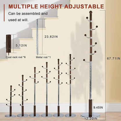 Wooden Coat rack freestanding, Coat racks stand with 6 Hook, Heavy duty coat tree standing Adjustable Heights for Bedroom, Entryway, Hallway, Office, Metal Base (Walnut)