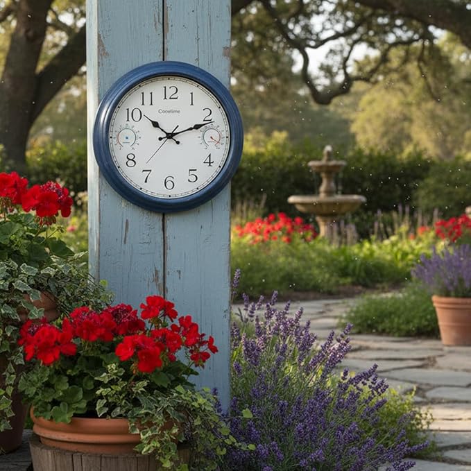 16 Inch Large Outdoor Clock with Thermometer & Hygrometer – Vintage Blue Coastal Decor Waterproof Wall Clock for Patio, Pool, Garden, Backyard
