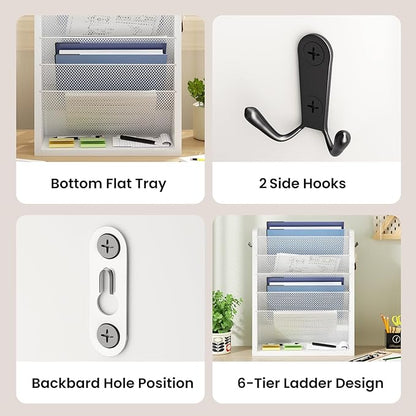 Creso hom Mail Organizer Wall Mounted, 6-Tier Wall File Organizer with 2 Hooks, Wooden Desk Organizer Magazine Holder with Bottom Flat Tray, for Office Home, White