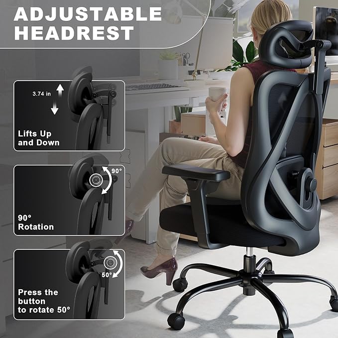 Ergonomic Office Chair with Adjustable Lumbar Support, High Back Mesh Computer Desk Chairs with 3D Headrest and Armrest, 360° Swivel Wheels and Rocking Function, for Home, Office, Black