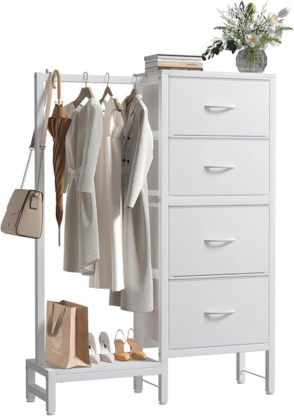 OLIXIS 4 in 1 Storage with Hanging Rack, Clothes Rack Shoes Rack, Bag Hook, Tall Storage Tower, Sturdy Frame for Bedroom Entryway Living Room White