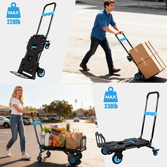 Folding Hand Truck, Collapsible Dolly Cart with Wheels, 330lbs Capacity Hand Dolly Heavy Duty with Retractable Handle, Ideal for Home, Auto, Office,Travel Use