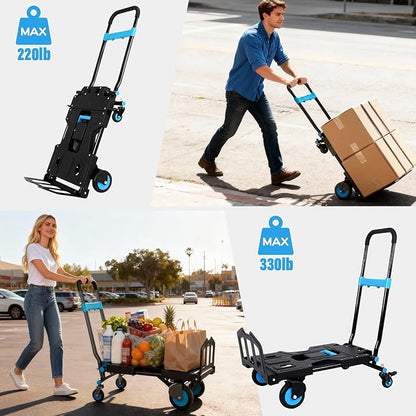 Folding Hand Truck, Collapsible Dolly Cart with Wheels, 330lbs Capacity Hand Dolly Heavy Duty with Retractable Handle, Ideal for Home, Auto, Office,Travel Use