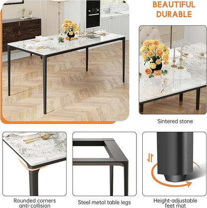 Dining Table, Sintered Stone Kitchen Table, 63'' White Modern Rectangular Slate Patio Table with Metal Legs, Indoor Outdoor Stone Dining Table for Patio, Backyard, Scratch and Heat Resistant