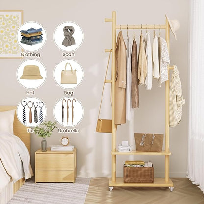 Coat Rack Freestanding Clothing Rack with Wheels & 2 Shelves Storage & 5 Hooks Heavy Duty Clothes Rack Wood Coat Tree Stand Hat Hanger Rack for Corner Bedroom Entryway Living Room Hotel Size L