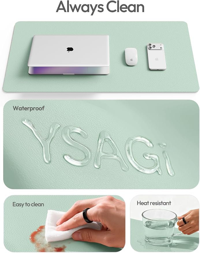 YSAGi Leather Desk Pad Protector, Office Desk Mat, Large Mouse Pad, Non-Slip PU Leather Desk Blotter, Laptop Desk Pad, Waterproof Desk Writing Pad for Office and Home (Pale Green,55" x 24")