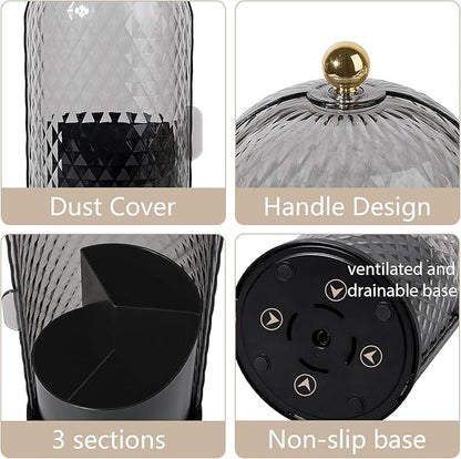 Toothbrush Holder with Cover for Bathroom Countertop, Rotating Organizer for Electric Tooth Brush and Toothpaste, 3-Slot Makeup Brush Storage, Self-Draining Vanity Counter Organizer, Black