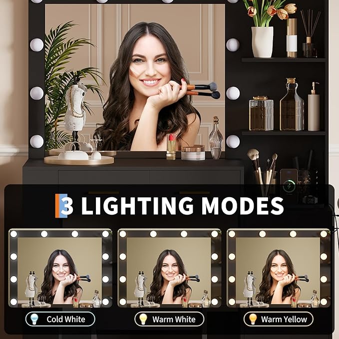 【10-Bulb Mirror | Built-in Outlets】 41'' Large Vanity Desk with Mirror and 3 Color Lighting Modes - Makeup Desk with Stool and 5 Drawers for Bedroom