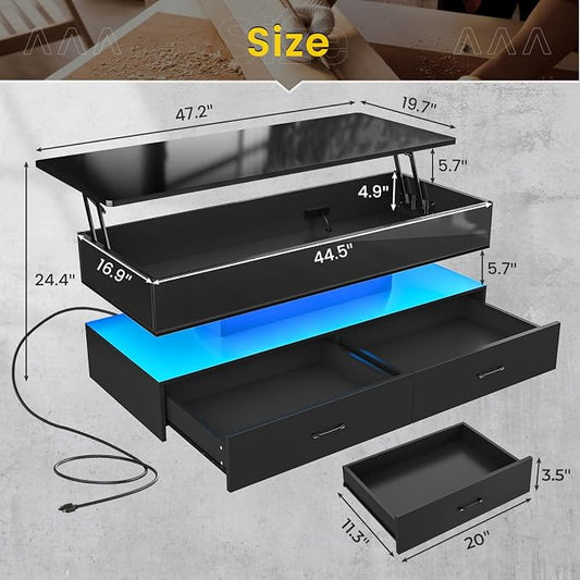 SEDETA 47.2" Lift Top Coffee Table, Coffee Tables with Storage for Living Room, 2 Drawers Coffee Table with Power Outlet & LED Light for Dining Reception Room, High Gloss Black