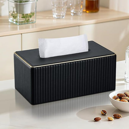 KINGFOM Rectangular Tissue Box Cover, PU Leather Tissue Box Holder with Magnetic Bottom, Napkin & Facial Tissue Holder Dispenser Decorative Box Cover for 120-count (3-Ply) 160-count (2-Ply) Black