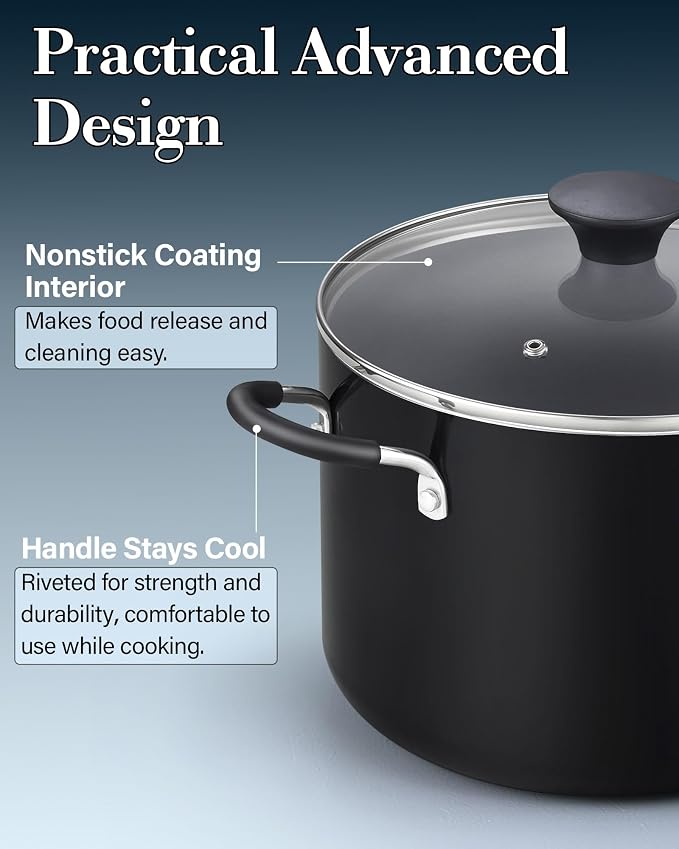 Cook N Home Professional 8 Quart Nonstick Stock Pot with Lid, Riveted Handles, Big Soup Pot for Holiday Feasts, Stockpot with Even Heating, Induction Cookware, Oven & Dishwasher Safe, Black