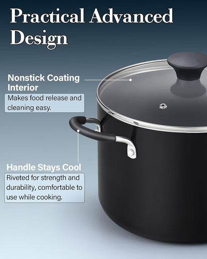 Cook N Home Professional 8 Quart Nonstick Stock Pot with Lid, Riveted Handles, Big Soup Pot for Holiday Feasts, Stockpot with Even Heating, Induction Cookware, Oven & Dishwasher Safe, Black