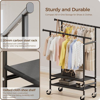 HYSEYY Rolling Clothes Racks, Double Rods Clothing Rack