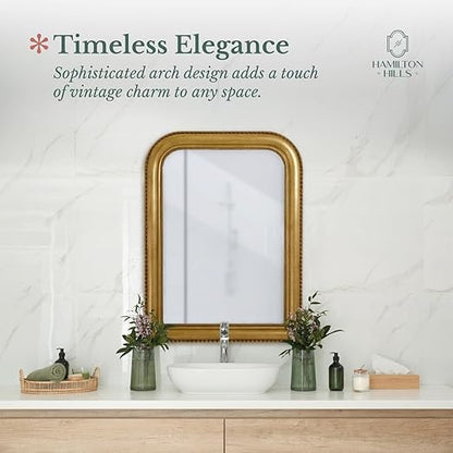 Hamilton Hills 20" x 30" Classic Gold Framed Rich Framed Top Round Corner Mirror - Thick Arched Top Rich Wall Mirror - Vanity for Bathroom Decor, Bedroom, Living Room - Hangs Horizontal or Vertical