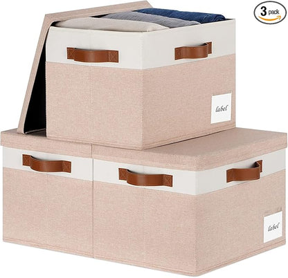 PFFVRP Extra Large Storage Bins with Lids, Foldable Fabric Storage Baskets with Lids, Sturdy Storage Boxes with Labels and 3 PU Handles for Closet Home Bedroom Office (32L, 3 Packs, Pink&White)