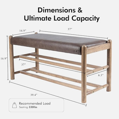 Solid Wood Entryway Bench with Shoe Storage, Rustic Oak Wood and PU Leather 39.4 Inch Long Seating for Living and Dining Rooms, 3-Tier Brown