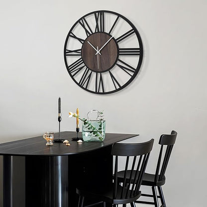 LEIKE Large Wall Clocks,Silent,Non Ticking,Battery Operated Big Retro Round Modern Wood Wall Clock for Living Room, Bedroom,Dinning Room,Farmhouse,Office,Home Decor-20 Inch(Black-Roman Numerals)
