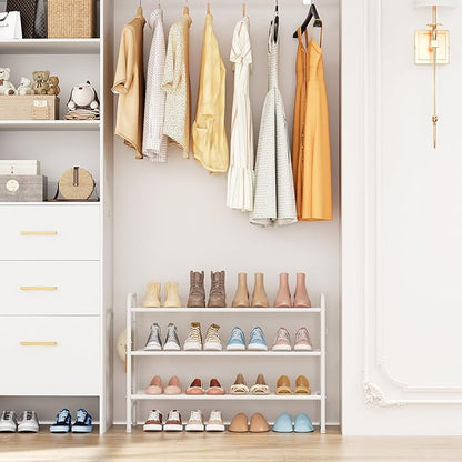 3 Tier Shoe Rack 33" Wide Metal Shoe Organizer Long Shoe Storage with 4 Side Hooks Sturdy Shoes Shelf for Front Door Entrance, Closet, Garage, Dorm, White