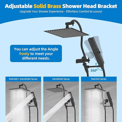 Hibbent All Metal cUPC Certified Shower Head, 12'' High Pressure Rainfall Showerhead Combo, Handheld Shower Wand, 12'' Adjustable Extension Arm, 4-Spray, 71'' Hose, Brass Shower Holder, Matte Black