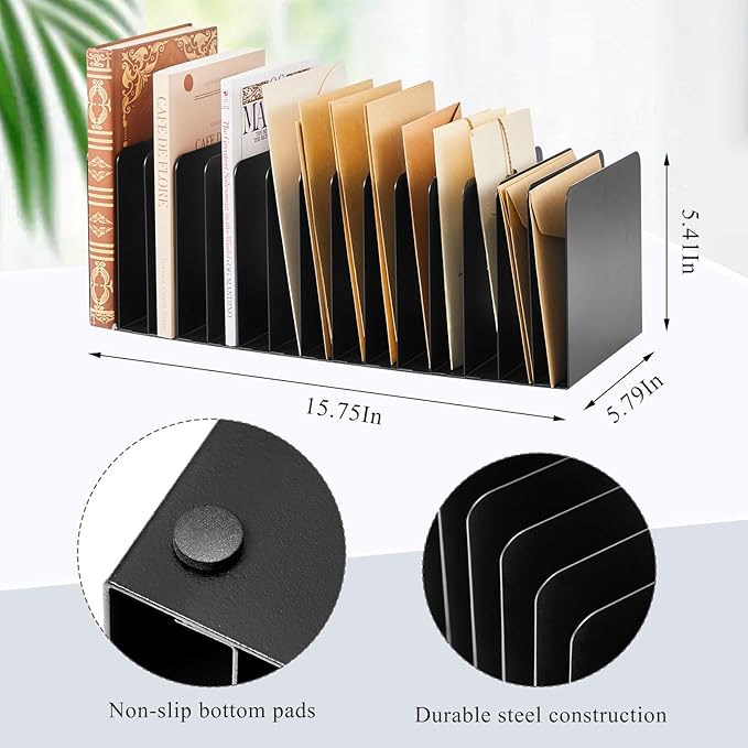 Suzile 2 Pcs Vertical Metal Desk File Organizer, 15 Compartments Desktop Document Sorter & Mail Holder for Office Home Classroom, 15.75" l x 5.79" W x 5.41" H, Black