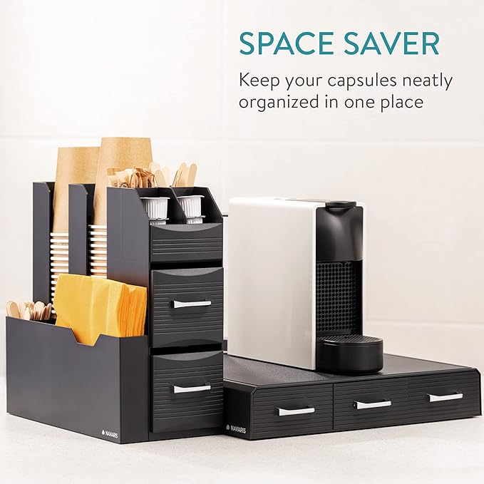 Navaris Coffee Capsule Holder and Organiser - Storage Box Coffee Accessories with 3 Compartment Drawers - Compatible with Most Standard Capsule Sizes - Black