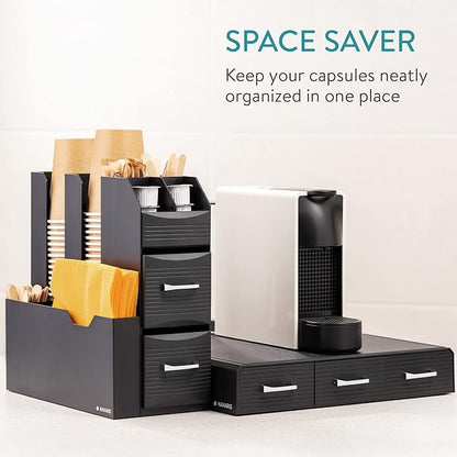 Navaris Coffee Capsule Holder and Organiser - Storage Box Coffee Accessories with 3 Compartment Drawers - Compatible with Most Standard Capsule Sizes - Black