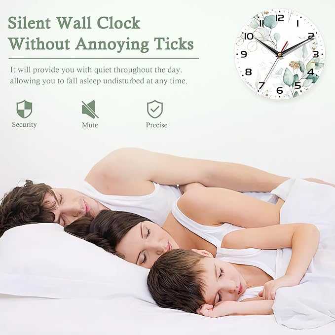Wall Clocks Battery Operated,Eucalyptus Leaf Clock for Living Room,Decorative Wall Clock for Living Room,Bedroom,Bathroom,Kitchen,10 Inch