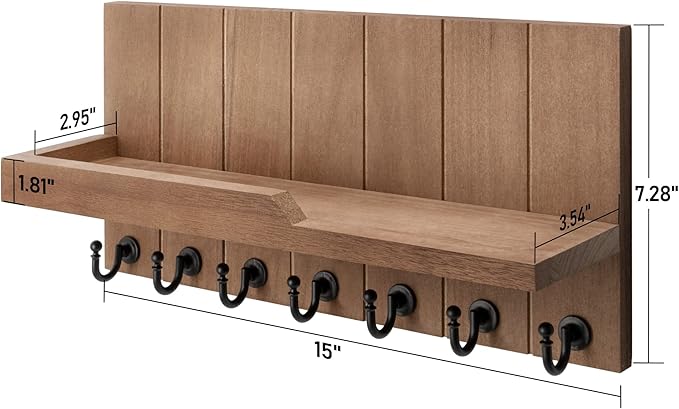 Rebee Vision Key Holder for Wall - Farmhouse Rustic Mail Organizer Floating Shelf for Home Kitchen Entryway Decor with 7 Sturdy Key Hooks (Retro Brown,15-inch)