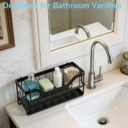 SWILLE Sponge Holder for Kitchen Sink - Sink Caddy Organizer with Auto Drain Tray, Detachable Towel Rack, Stainless Steel Kitchen Counter Organizer Rack, Black