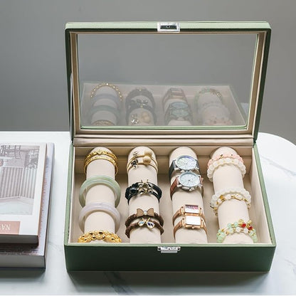 Bracelets Organizer Rods Bangles Display Holder, Clear See through Lid Leather Velvet Jewelry Storage Box Case for Women, 4 Rods Green Leather