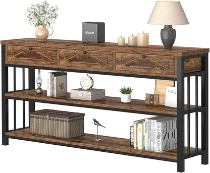 HSH Entryway Table with 3 Drawers, 55” Rustic Sofa Table with Storage Shelves, 3 Tier Console Table Behind Couch for Living Room, Farmhouse Wood Metal Entry Hallway Table for Entrance, Brown, 55 inch