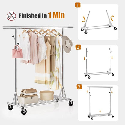 Heavy Duty Clothes Rack Load 530 lbs, Metal Rolling Clothing Rack With Sturdy Wheel And Shelves, Adjustable Portable Hanging Garment Rack For Clothes,Chrome Stainless Steel