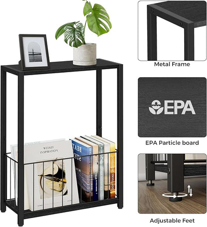 Narrow Side Table with Magazine Holder, Skinny End Table Perfect for Small Spaces, Space-Saving Design for Living Room, Bedroom, or Office, 7.1" D x 16.9" W x 23.6" H, Black