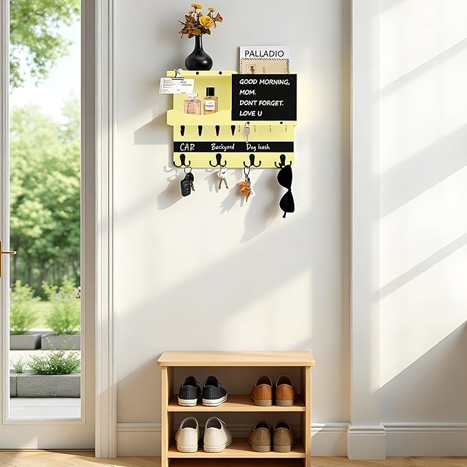 Key Holder for Wall Mount with Shelf and Mail Organizer, Key and Mail Holder with 16 Hooks, Farmhouse Entryway Organizer, Home Decor Rack(Pine Wood,Ivory Yellow)