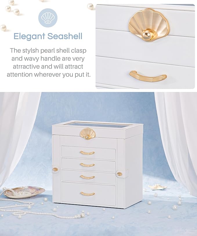 Jewelry Box with 4 Drawers: Display Organizer for Earrings Necklaces - Christmas Gifts for Girls Women (White)