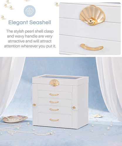 Jewelry Box with 4 Drawers: Display Organizer for Earrings Necklaces - Christmas Gifts for Girls Women (White)