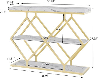 Garvee 3-Tier Entryway Table, Industrial Console Sofa Table with Storage, Accent Table with Open Shelves, Diamond-Shaped Gold Metal Frame, Foyer Table for Entryway, Hallway, Foyer, Living Room, White