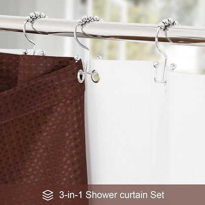 3 in 1 Extra Long Brown Shower Curtain Set-72 W x 84 H, Modern Waffle and PEVA Liner Set with 12 Stainless Steel Hooks, Waterproof Fabric for Bathroom