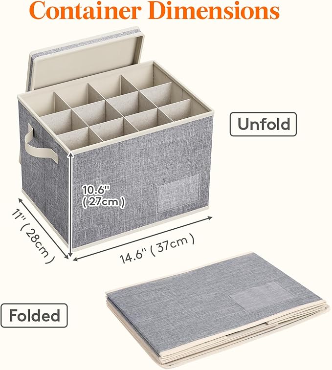 Lifewit 3 Pcs Wine Glass Storage Box with Dividers, Stackable Cationic Hard Shell Stemware Organizer with 36 Cells, Foldable Dustproof China Containers for Moving, Light Grey